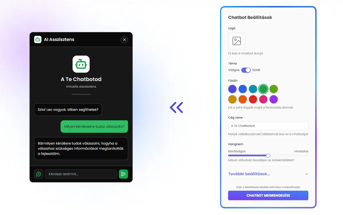 A chatbot tervező felület honlapunkon